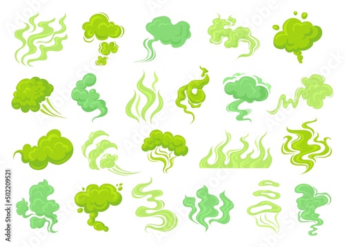 Smelly smoke. Pu stink clouds, old nasty odor green fumes poison gas bad aroma breath smelling fart, rotten food odour fragrance cooking effect, cartoon neat vector illustration