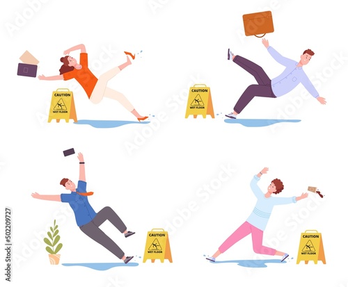 Slip wet floor. Slipped people on office slippin flooring, hazard slipping floorings precaution injury accident, man woman slide falling wetting lobby, splendid vector illustration