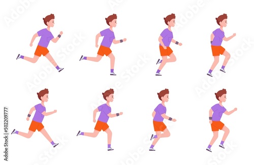 Running boy sequence. Little man run steps animation, profile motion 2d character step jogging men cycle loop sprite sheet frame cartoon runner athlete splendid vector illustration