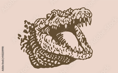 Graphical vintage head of crocodile, sepia background, vector illustration, angry look