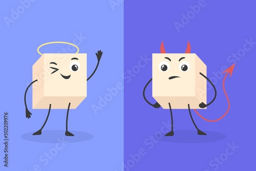 Bad and good cartoon sugar. Smile lump sugars cube character, candy devil vs angel concept healthy unhealthy food, happy sweets face, funny white cubes dessert vector illustration
