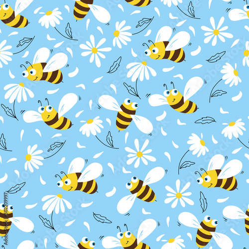 Daisy and bee seamless pattern. Flowers and cartoon bees on a blue background. Vector.