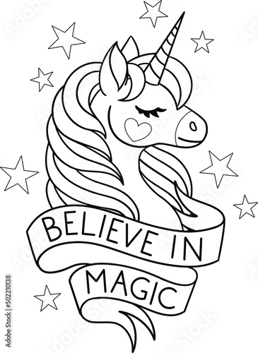 Believe in magic text. Head of a unicorn with ribbon. Vector outline on transparent background