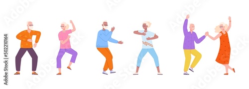 Seniors dancing. Old dance active fun elderly people to aging music, happy grandparents retirement party, cartoon elder dancer, felices couple grandma granddad vector illustration
