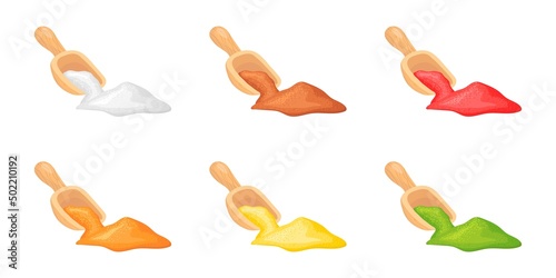 Spoon indian spices. Wooden scoop of colorful closeup powder, rustical spoonful herb seasoning, spoons powders ladle salt cocoa rice or soda curry pepper sugar, vector illustration