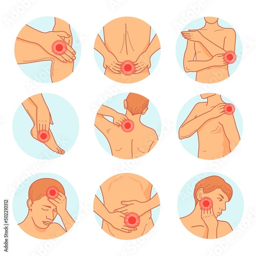 Muscle pain joints. Frozen body joint injury inflammation neck back elbow shoulder, chiropractor treatment cervical spine sciatica jaw hand knee, cartoon neat vector illustration