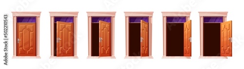 Door animation. Cartoon doors motion open entrance home, game wooden gate choice closing ajar shut room 2d building sprite sheet sequence set wood vector element exact illustration
