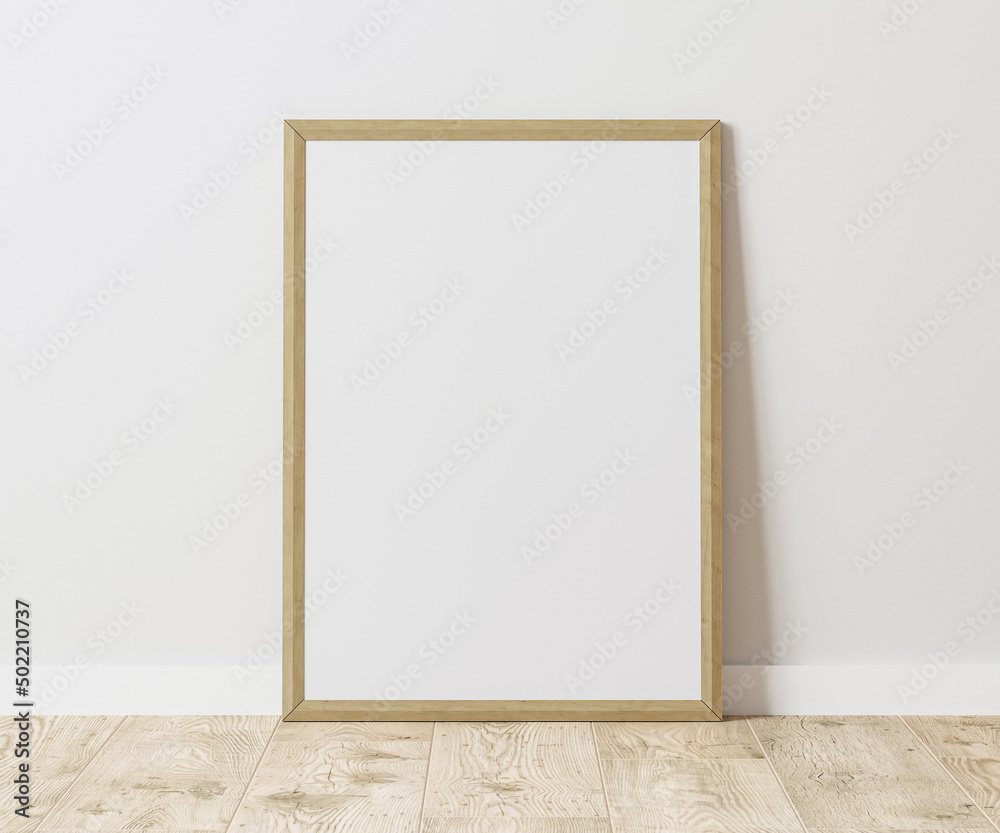 Blank Vertical wooden frame on wooden floor with white wall, 3:4 ratio, 30x40 cm, 18x24 inches, poster frame mock up, 3d rendering Blank Vertical wooden frame on wooden floor with white wall, 3:4 ratio, 30x40 cm, 18x24 inches, poster frame mock up, 3d rendering