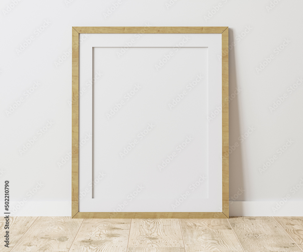 Blank wooden frame with mat on wooden floor with white wall, 4:5 ratio - 40x50 cm, 16 x 20 inches, poster frame mock up, 3d rendering
