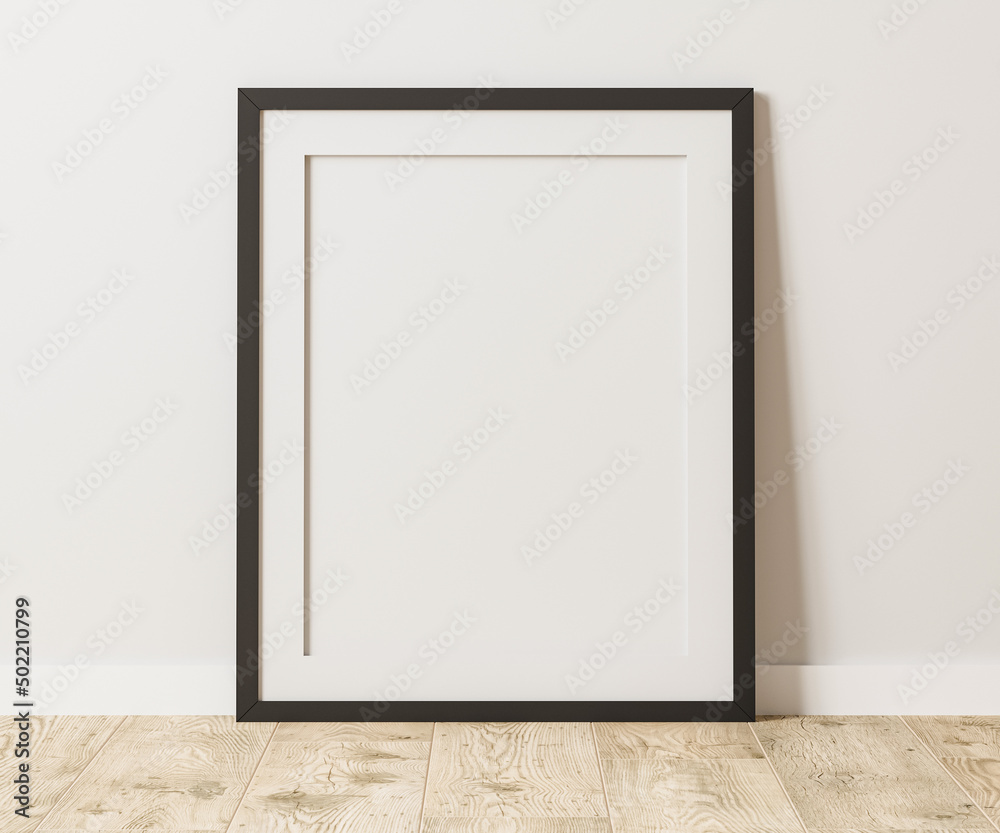 Empty black frame with mat on wooden floor with white wall, 4:5 ratio - 40x50 cm, 16 x 20 inches, poster frame mock up, 3d rendering - obrazy, fototapety, plakaty 