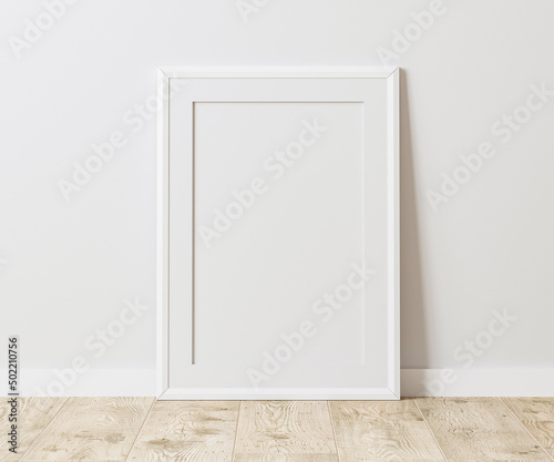 Blank white frame with mat on wooden floor with white wall, 3:4 ratio, 30x40 cm, 18x24 inches, poster frame mock up, 3d rendering