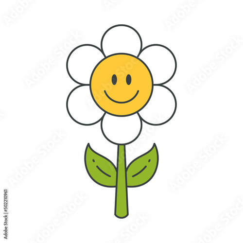 Comic chamomile character cute natural plant green stem pop art t shirt print design vector cartoon