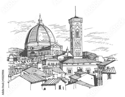 Travel sketch illustration of the Cathedral of Santa Maria del Fiore in Florence, Italy. Sketchy line art drawing with a pen on paper. Urban sketch in black color on white background. Freehand drawing
