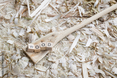 Selbst geschnitzter Holzlöffel Kochlöffel Pfannenkratzer mit dem Wort – Wood - auf einer Werkbank mit Holzspäne, Deutschland photo