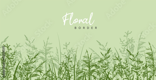 Summer floral background. Grass border pattern with hand drawn wild meadow herbs and flowers on a green background. Vector illustration