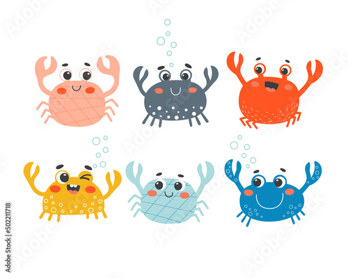 Cartoon set with 6 crabs. Colorful nautical collection. Cute hand-drawn characters for kids. Vector illustration.