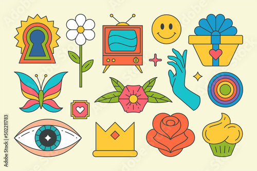 Collection bright contoured summer graphic pop art groovy elements design vector cartoon