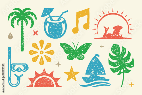 Summer symbols and objects set vector illustration. Lush palm with coconut cocktail photo