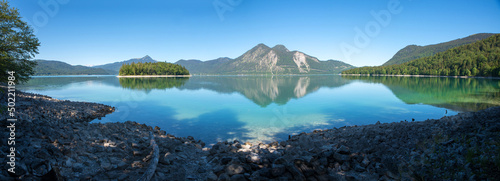 lake shore Walchensee, view to Sassau island and Herzogstand mountain, panorama landscape bavaria photo