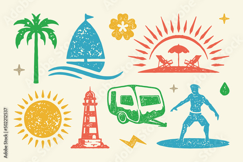 Summer symbols and objects set vector illustration. Coastal lighthouse with camping trailer