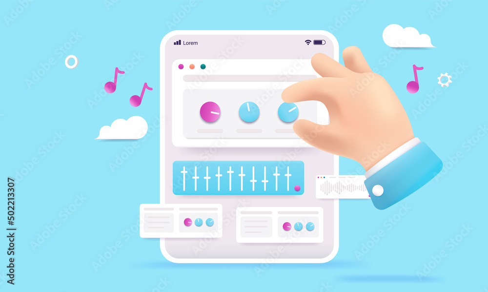 Music app on tablet - Vector illustration of device screen with musical knobs and hand interacting. Making music just for fun concept Music app on tablet - Vector illustration of device screen with musical knobs and hand interacting. Making music just for fun concept