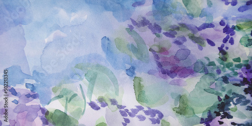 Beautiful panorama background. Nice wisteria wallpaper. Airy watercolor painting texture. Effortlessness and naturalness concept. Brush strokes wet smudges surface.