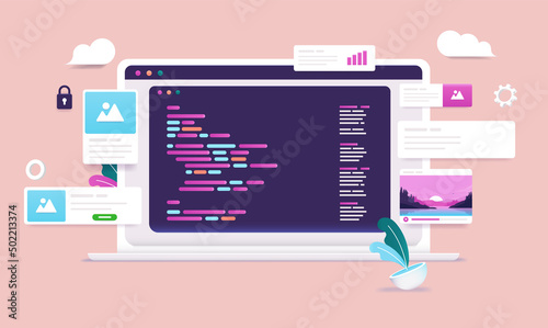 Web development - Laptop computer with abstract html code on screen in cartoon style vector illustration 