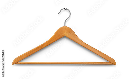 Wooden clothes hanger Isolated on white background photo