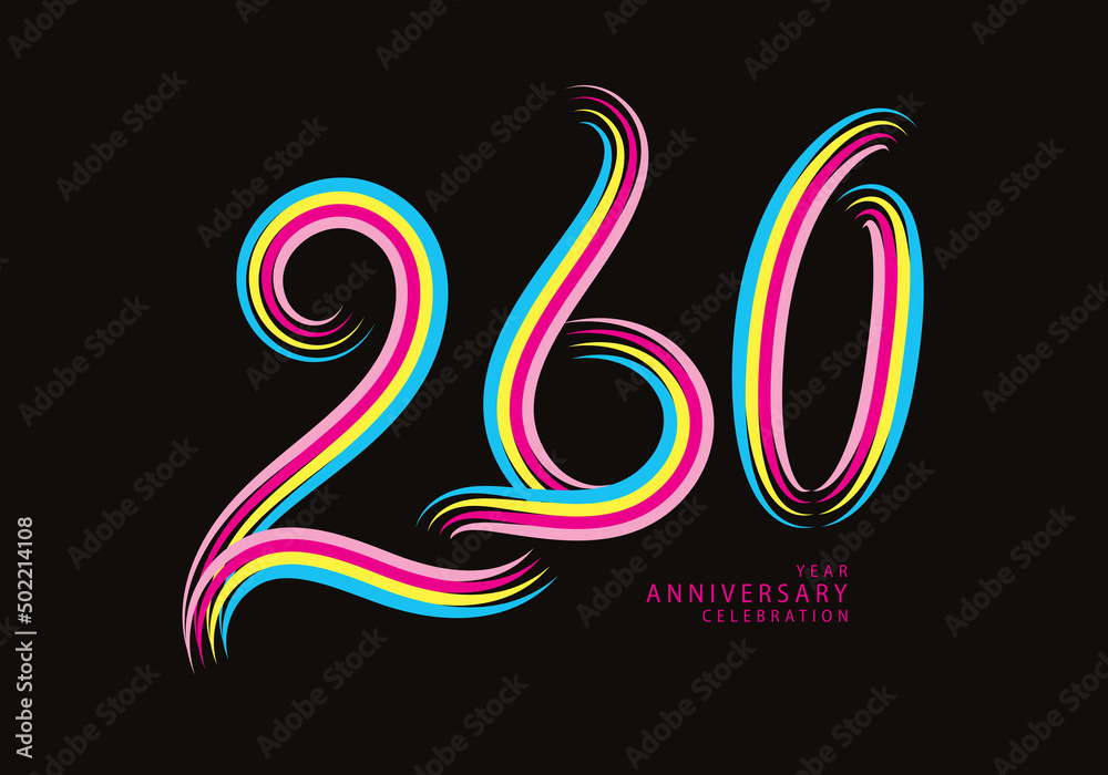 260 number design vector, graphic t shirt, 260 years anniversary celebration logotype colorful line, 260th birthday logo, Banner template, logo number elements for invitation card, poster, t-shirt. 260 number design vector, graphic t shirt, 260 years anniversary celebration logotype colorful line, 260th birthday logo, Banner template, logo number elements for invitation card, poster, t-shirt.
