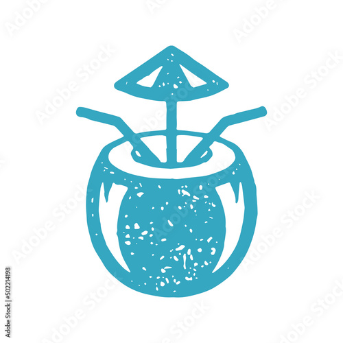 Summer coconut cocktail for couple with two straw and umbrella blue honeymoon travel vacation