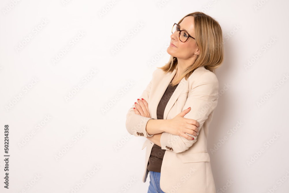 Photo of attractive charming business lady smiling hold arms hands crossed good mood self-confident successful worker person isolated white background Photo of attractive charming business lady smiling hold arms hands crossed good mood self-confident successful worker person isolated white background