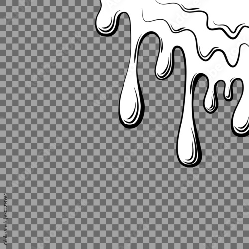 Dripping liquid outline on a transparent background. Contoured black and white illustration of a flowing viscous liquid. Wax, honey, slime. Vector.