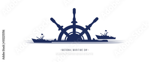 Maritime day vector illustration with ship wheel or steering