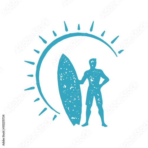 Male surfer standing surfboard at curved arch abstract sun with beams blue grunge texture vector