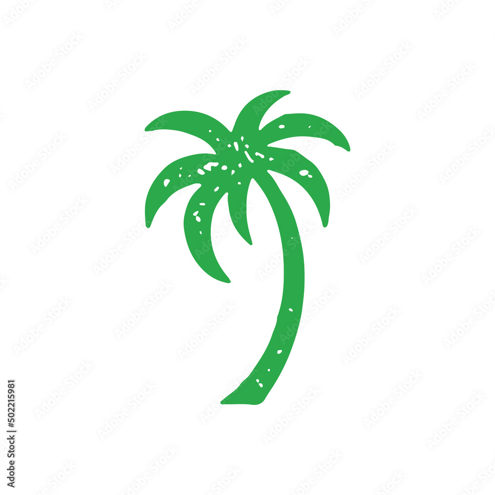 Hand drawn natural green curved palm tree with arch trunk and greenery top tropical resort logotype