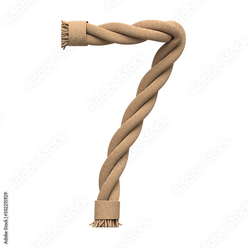 Number 7 made of rope, isolated on white, 3d rendering