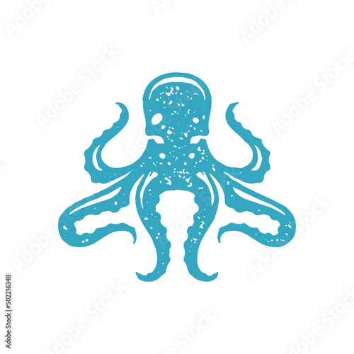 Hand drawn octopus with tentacles minimalist ocean life underwater creature logo blue grunge texture