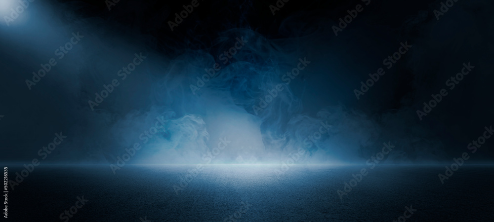 The dark stage shows, red  background, an empty dark scene, neon light, spotlights The asphalt floor and studio room with smoke float up the interior texture for display products - obrazy, fototapety, plakaty 