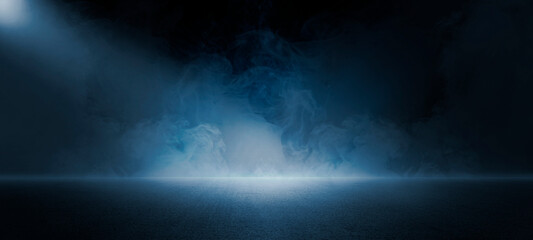 The dark stage shows, red  background, an empty dark scene, neon light, spotlights The asphalt floor and studio room with smoke float up the interior texture for display products
