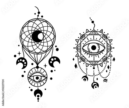 Hand drawn celestial Dreamcatcher isolated clip art on white, black and white line boho dream catchers, mystical moon design elements - vector decorative art