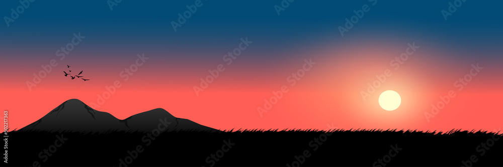 graphics drawing landscape view outdoor of sunset with grass on the ground  for wallpaper background vector illustration Stock Vector | Adobe Stock
