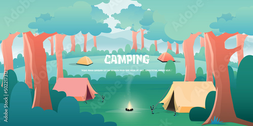 Vector illustration of a tent in the forest and mountains. Outdoor activities Vacation travel.