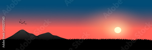 graphics drawing landscape view outdoor of sunset with grass on the ground for wallpaper background vector illustration