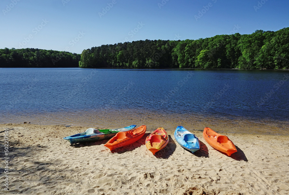 Colorful kayaks on the shore of Lake Johnson, a popular city park in Raleigh  NC Stock Photo | Adobe Stock