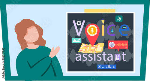 Voice assistant software agent perform tasks for user. Speaker recognition, vote controlled smart speaker. Woman voice activated digital assistants, identification. Virtual assistant, sound robot