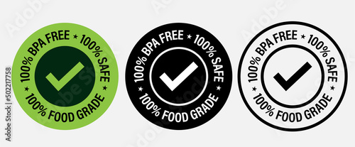 100% BPA free, 100% safe, 100% food grade vector icon with tick mark