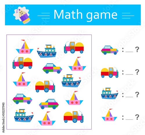 Math game for preschool and school age children. Educational material for kids. Worksheet. Vector illustration