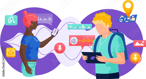 Voice assistant. Smart speaker virtual assistant, sound robot, people using voice controlled smart speaker. Voice activate digital assistant identification control contactless mobile device microphone