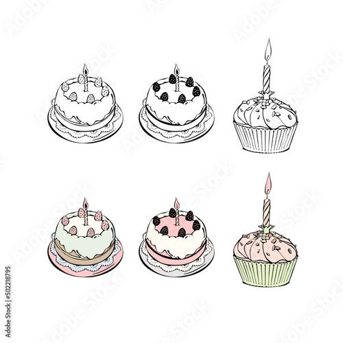 Cute strawberry shortcake, cupcake. Cake with a candle. Pastel coloured cakes.