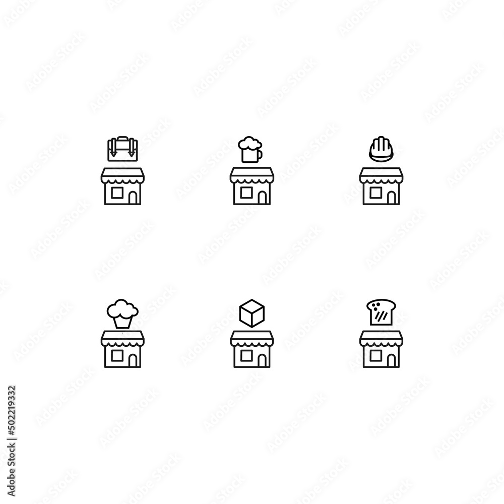 Outline symbol in modern flat style suitable for advertisement, books, stores. Line icon set with icons of bag, beer, helmet, cake, cube, bread above store Outline symbol in modern flat style suitable for advertisement, books, stores. Line icon set with icons of bag, beer, helmet, cake, cube, bread above store